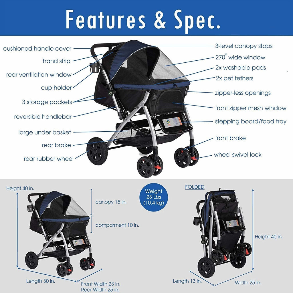 Coche para Mascotas hpztm pet rover premium stroller for small/medium/large dogs, cats and pets (Navy blue) - Pet Fashion