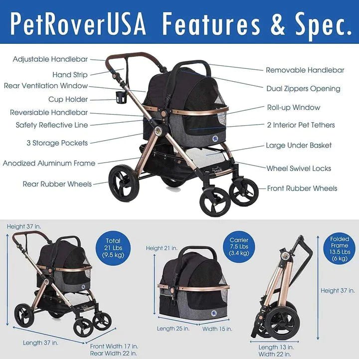 Coche para Mascotas hpztm pet rover prime luxury 3-in-1 stroller for small/medium dogs, cats and pets (Black) - Pet Fashion