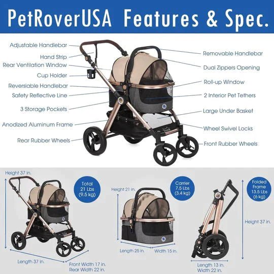 Coche para Mascotas hpztm pet rover prime luxury 3-in-1 stroller for small/medium dogs, cats and pets (Taupe) - Pet Fashion