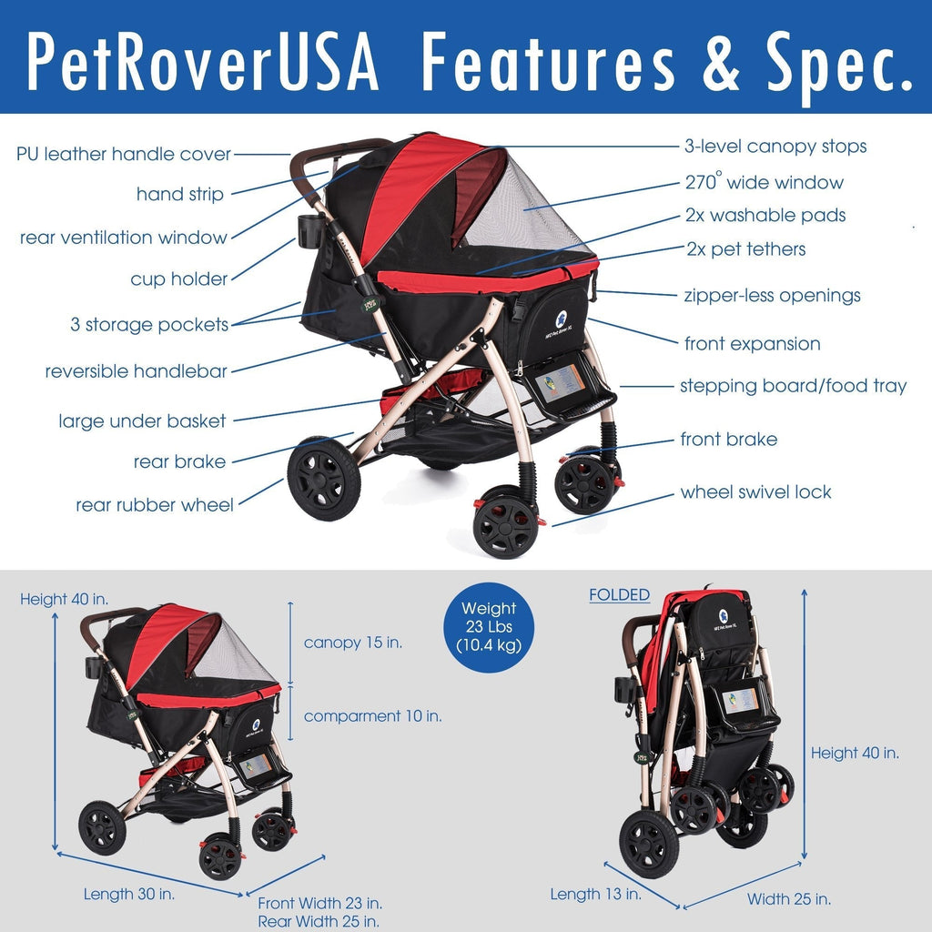 Coche para Mascotas hpztm pet rover xl extra-long premium stroller for small/medium/large dogs, cats and pets (Red) - Pet Fashion
